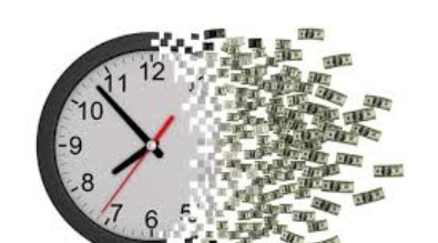 A clock disintegrating into money